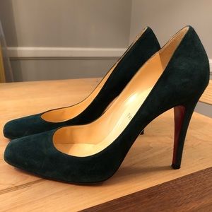 Christian Louboutin Green Teal Suede Particule Square Toe Pumps Size 40